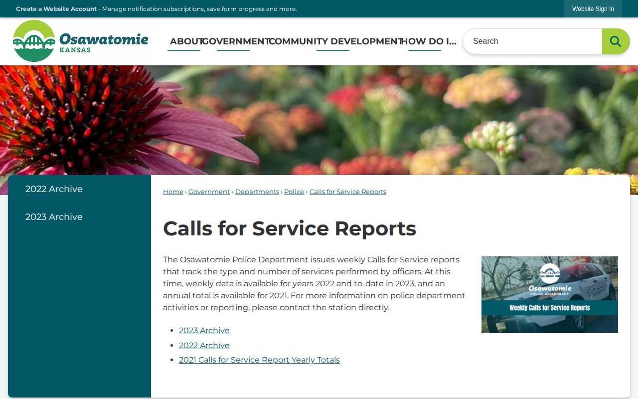 Osawatomie calls-for-service reports page for aggregate police records
